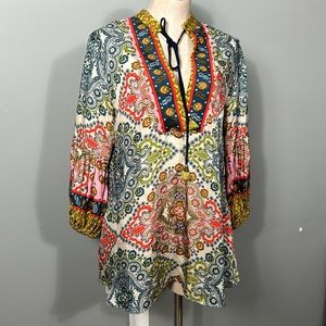 Atina Cristina Colorful V neck Tassel Loose fit bishop sleeve blouse size small